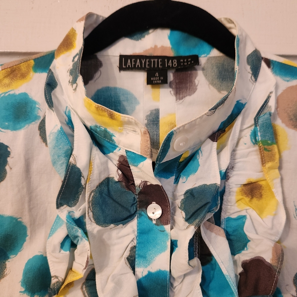 Lafayette 148 Blouse, Button Down, Ruffle Abstract Polka Dot, Cotton, Sz 4, EUC - Picture 2 of 13